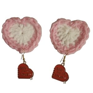 Handmade Heart-Shaped Red Earrings Pink and White Crochet 3" x 2"